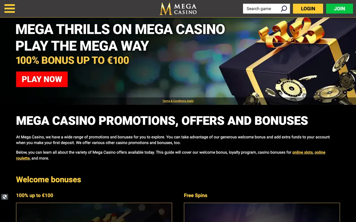Mega Casino — Promotions, captured from South Africa