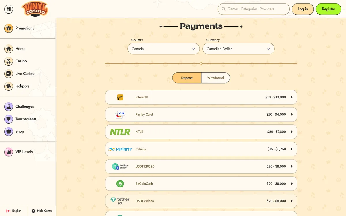 Vinyl Casino — Payments, captured from Canada