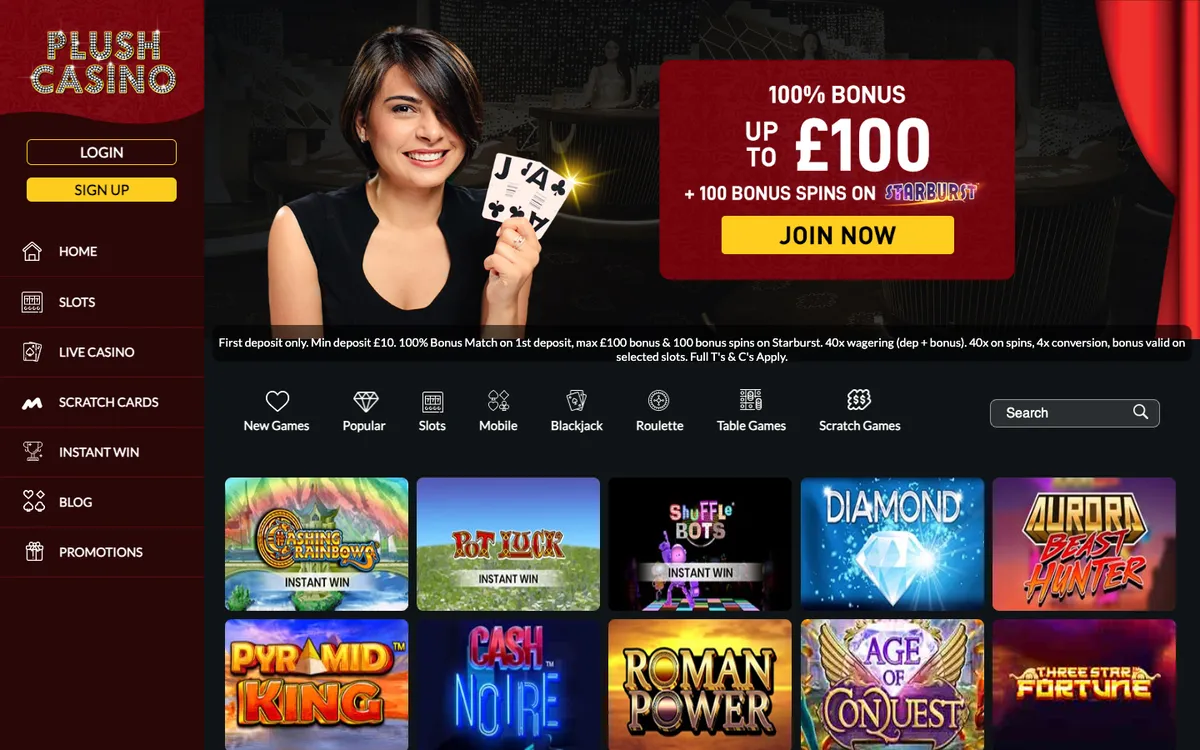 Plush Casino — Home page, captured from United Kingdom