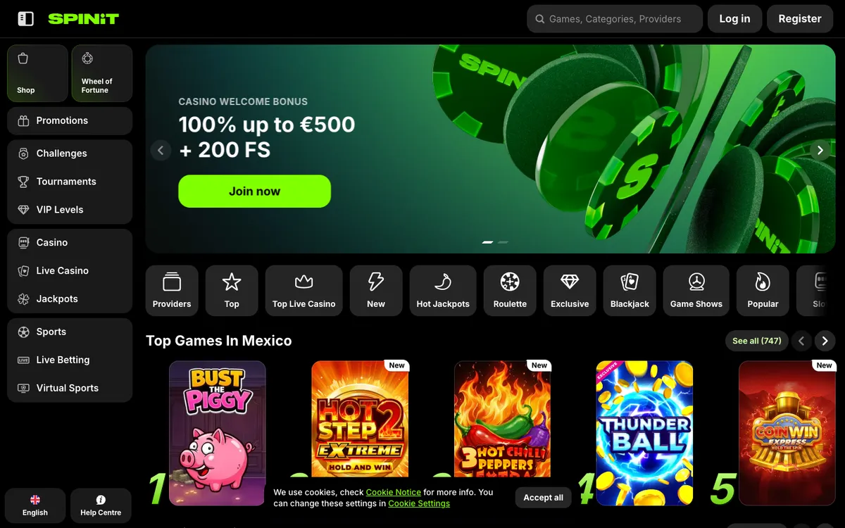Spinit Casino — Home page, captured from Mexico