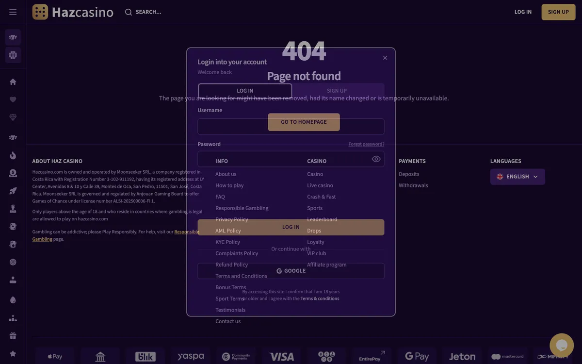 Haz Casino — «Регистрация», снято из страны Австрия