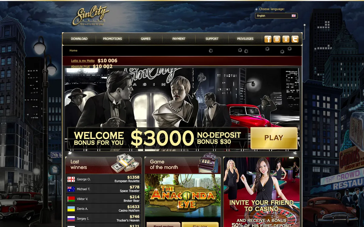 SinCity Casino — Home page, captured from Australia