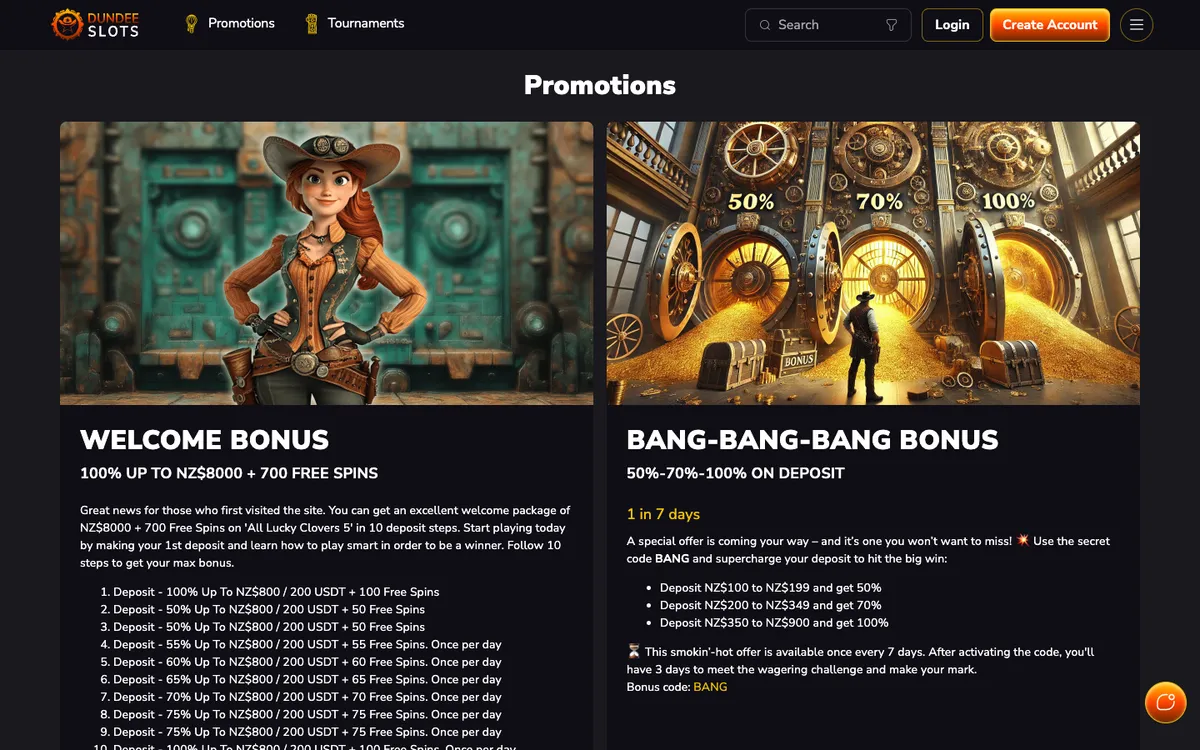 DundeeSlots Casino — «Акции», снято из страны Новая Зеландия