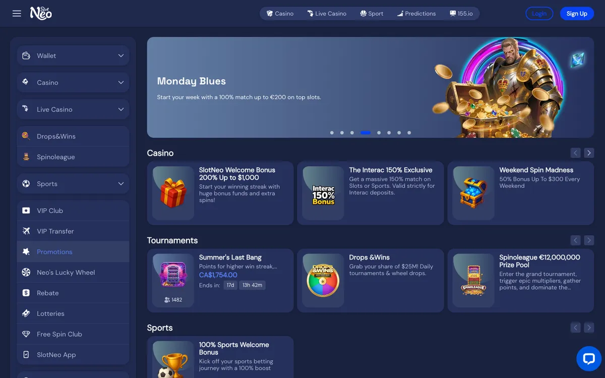 SlotNEO Casino — «Акции», снято из страны Канада