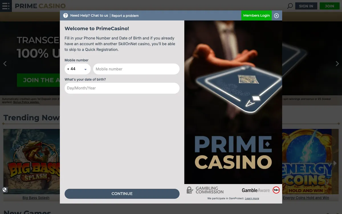 Prime Casino — Sign-up, captured from United Kingdom