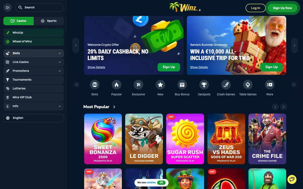 Winz.io Casino — Home page, captured from Switzerland