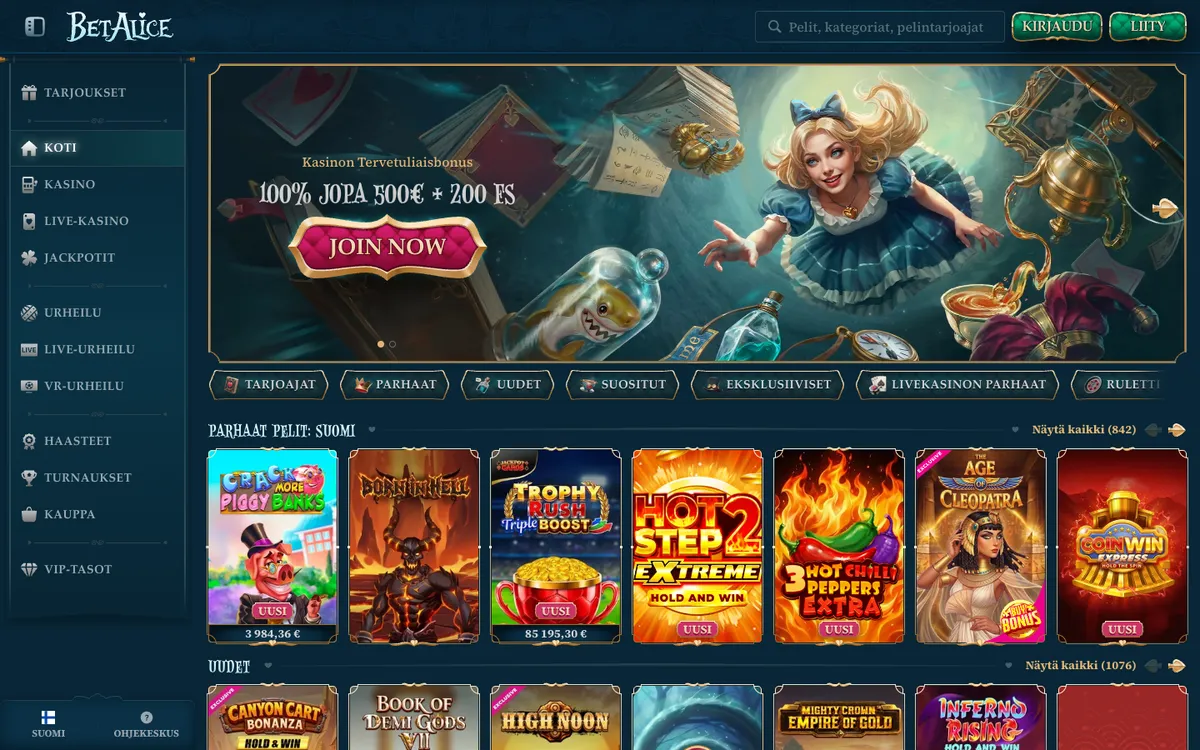 BetAlice Casino — «Главная», снято из страны Финляндия