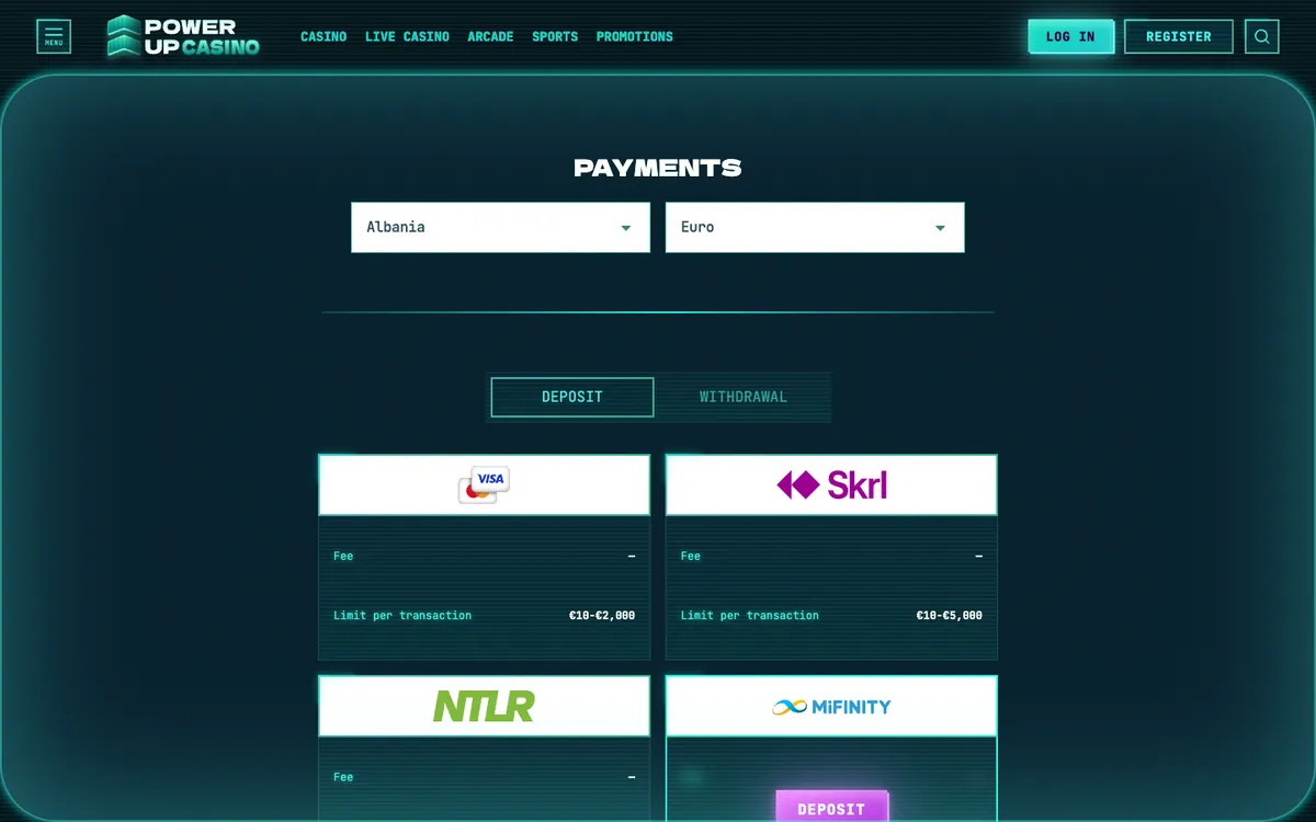 PowerUp Casino — «Платежи», снято из страны Япония
