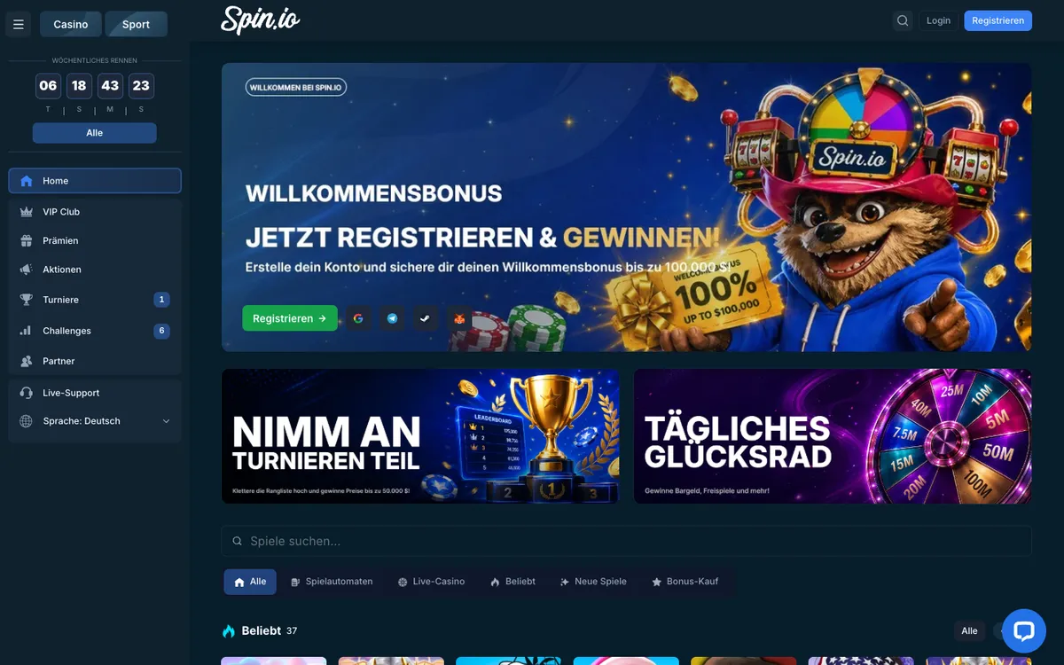 Spin.io Casino — Home page, captured from Austria