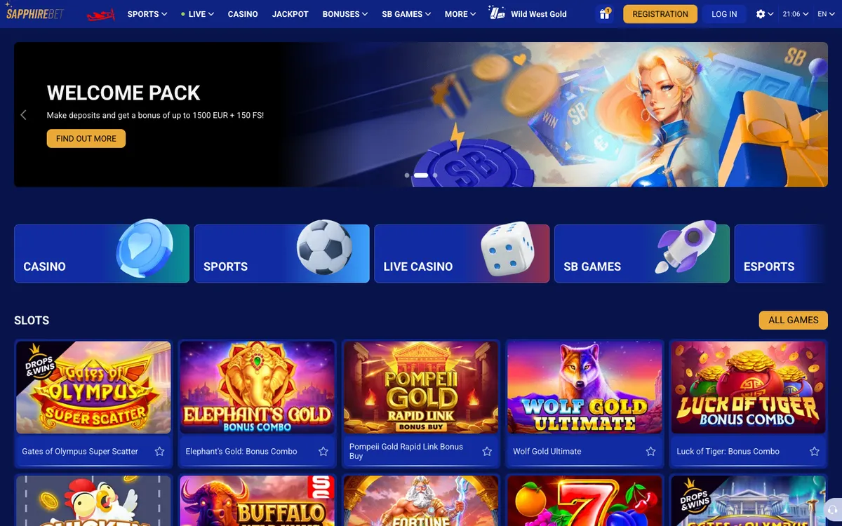 SapphireBet Casino — Home page, captured from Malaysia