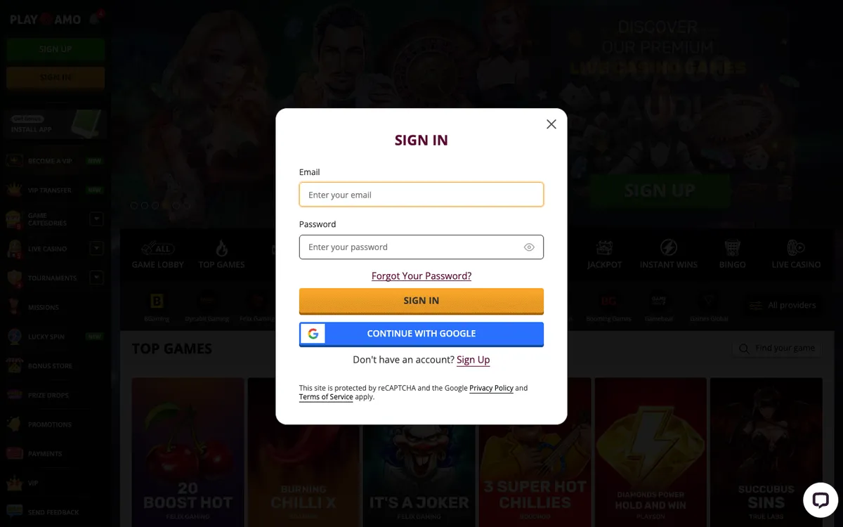 Playamo Casino — «Регистрация», снято из страны Австралия