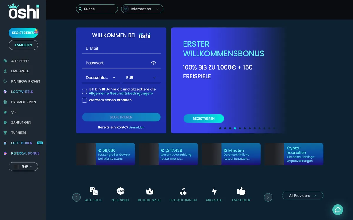 Oshi Casino — Home page, captured from Germany