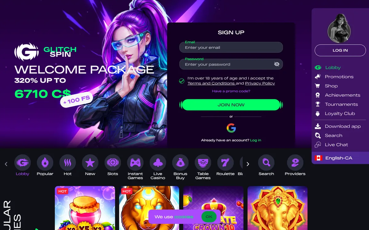 Glitchspin Casino — «Главная», снято из страны Канада