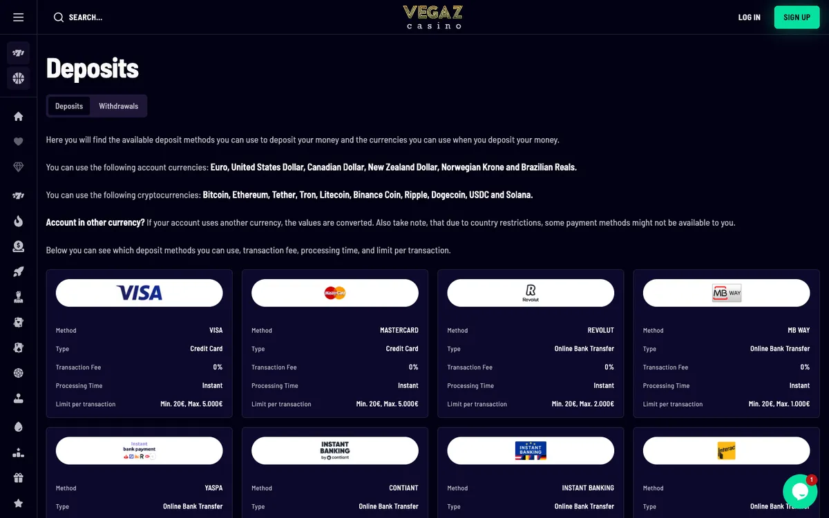 Vegaz Casino — «Платежи», снято из страны Австрия