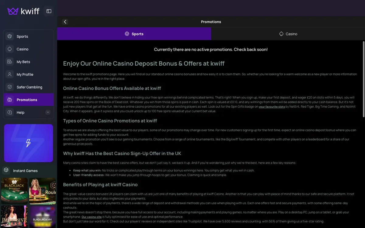 Kwiff Casino — Promotions, captured from Germany