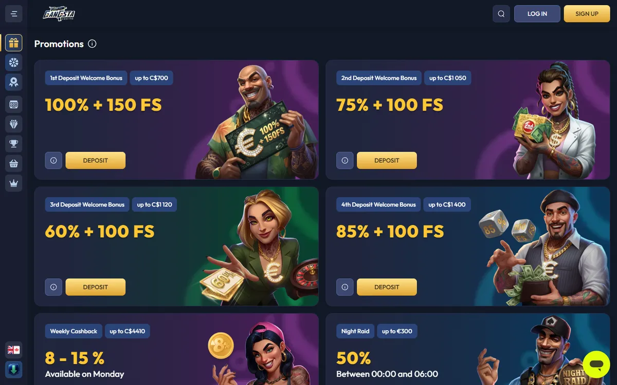 Gangsta Casino — Promotions, captured from Canada