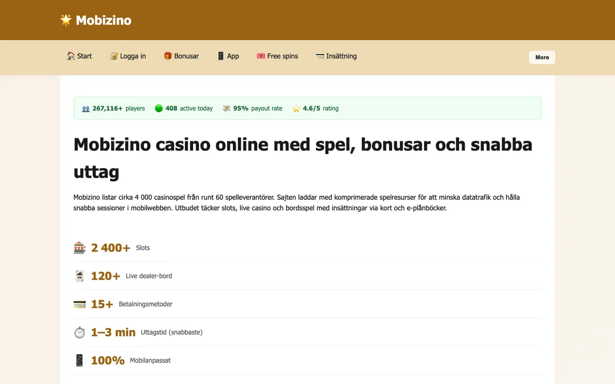 Mobizino Casino — Home page, captured from Australia