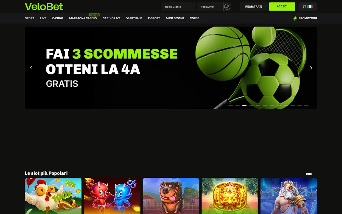 Velobet Casino — Home page, captured from Italy