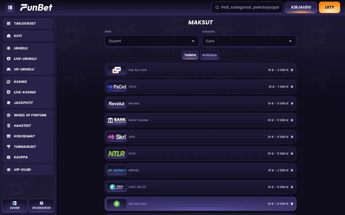 Funbet Casino — Payments, captured from Finland