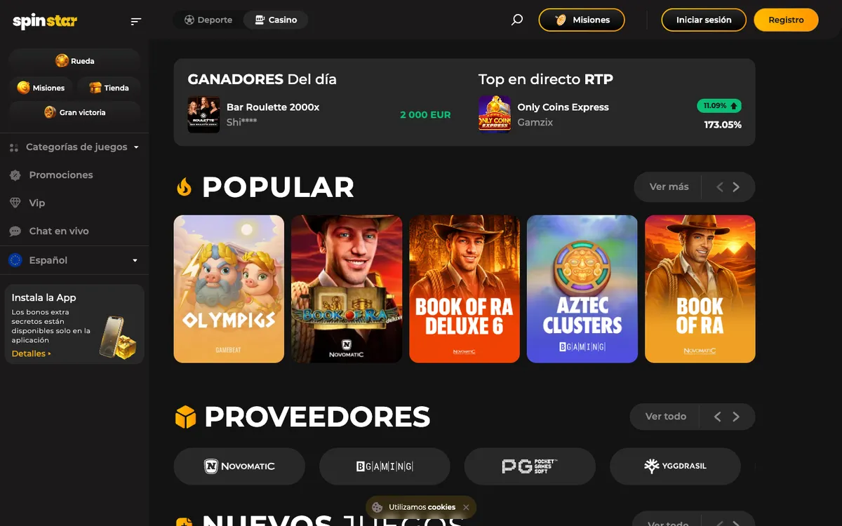 Spinstar Casino — Home page, captured from Spain