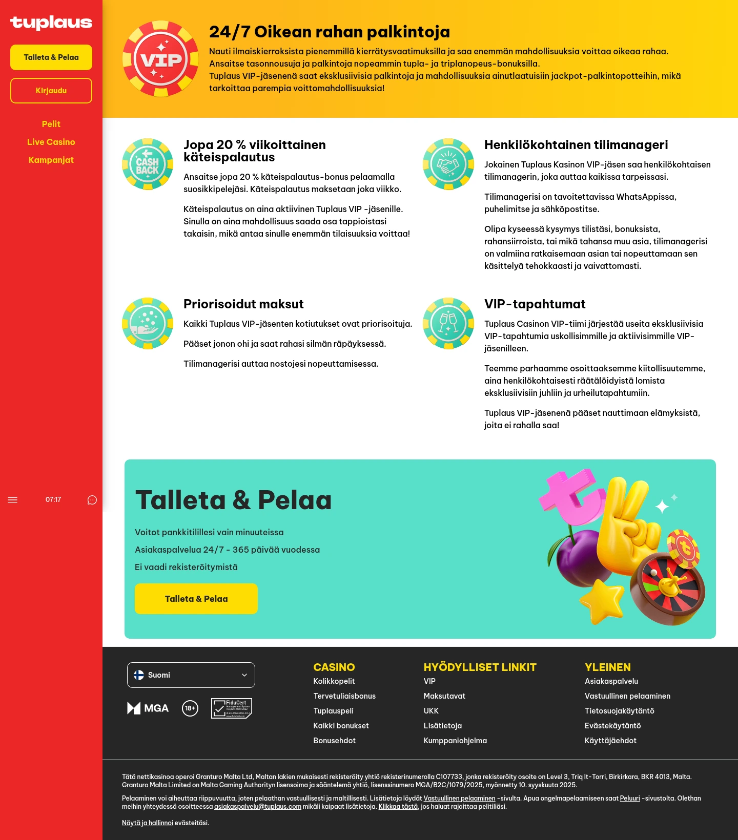 Tuplaus Casino — Bonuses, captured from Finland