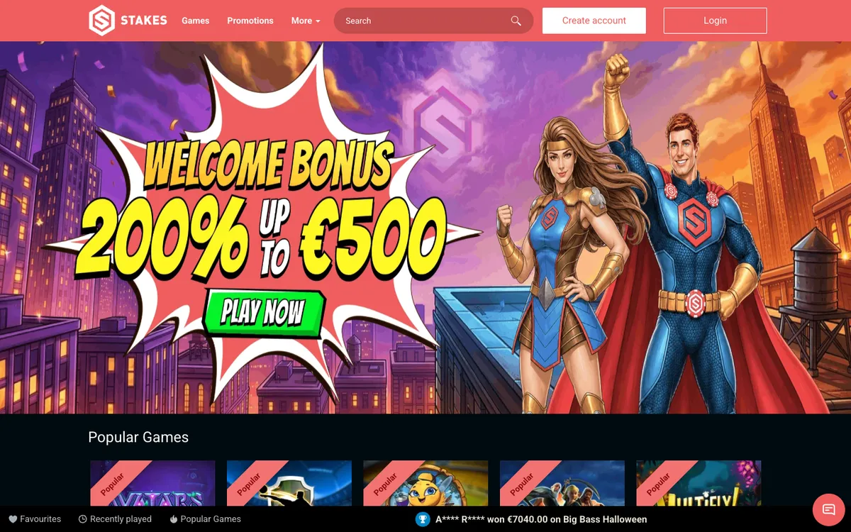 Stakes Casino — Home page, captured from Belgium