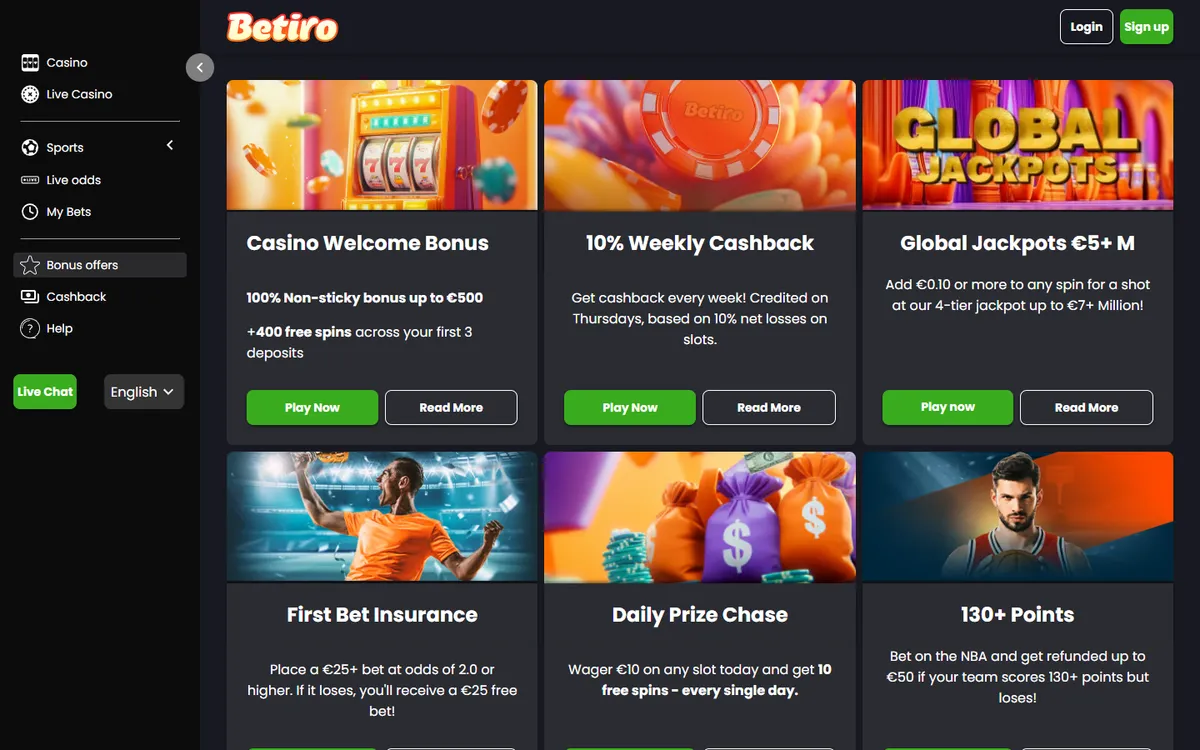 Betiro Casino — Promotions, captured from Canada