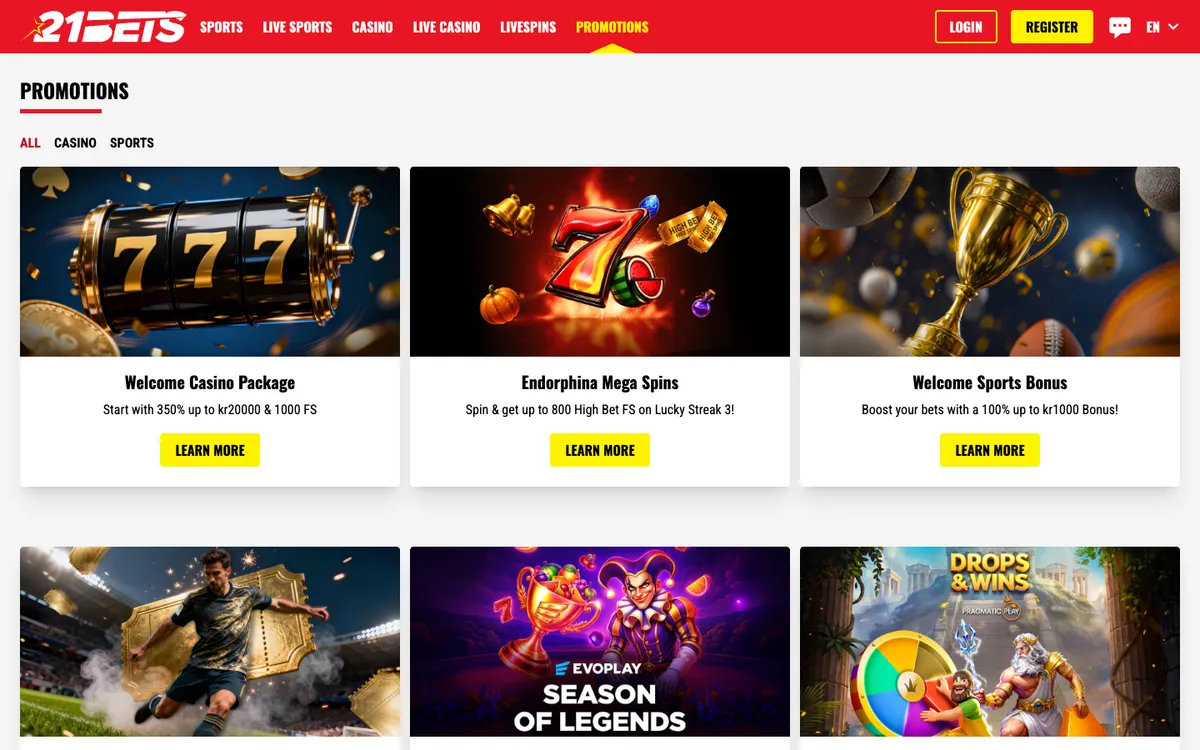 21bets.io Casino — Promotions, captured from Norway