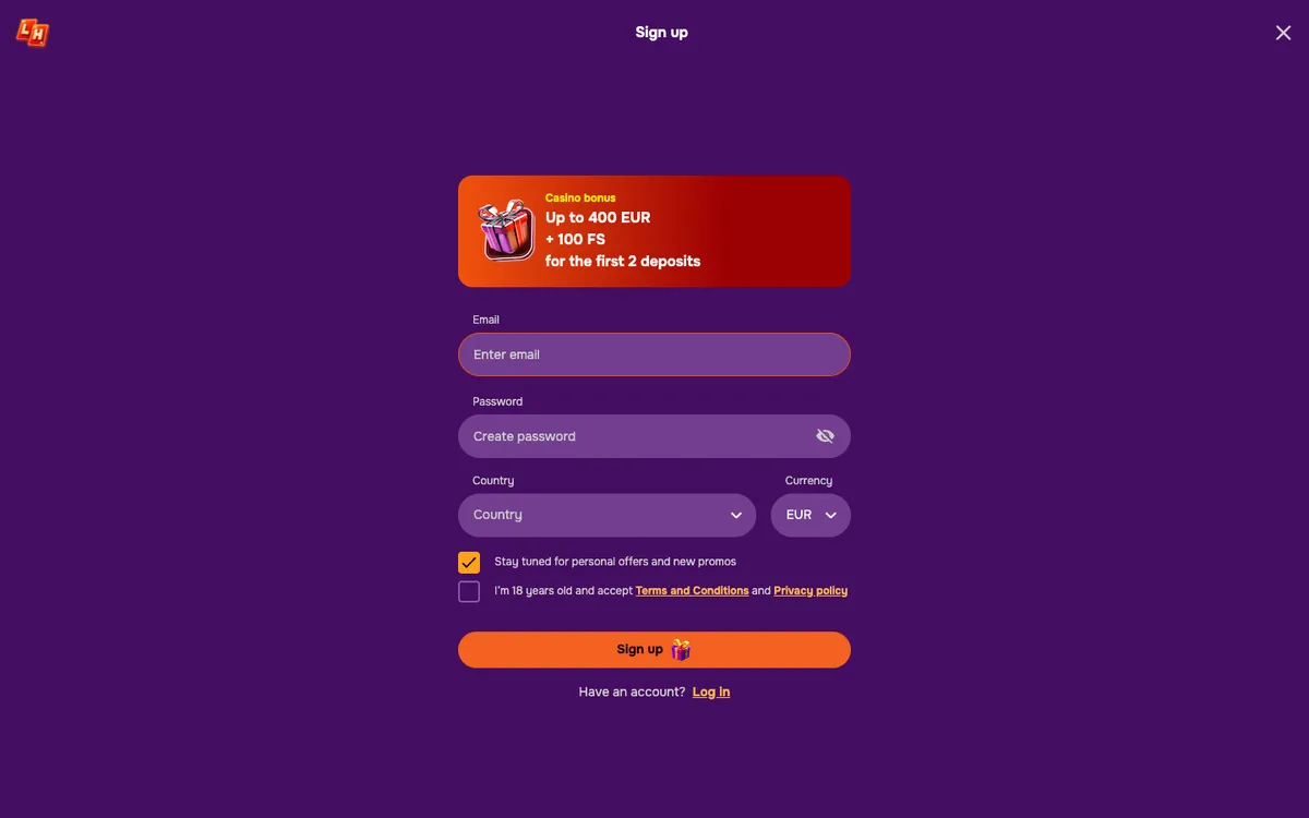 LuckyHills Casino — Sign-up, captured from Canada