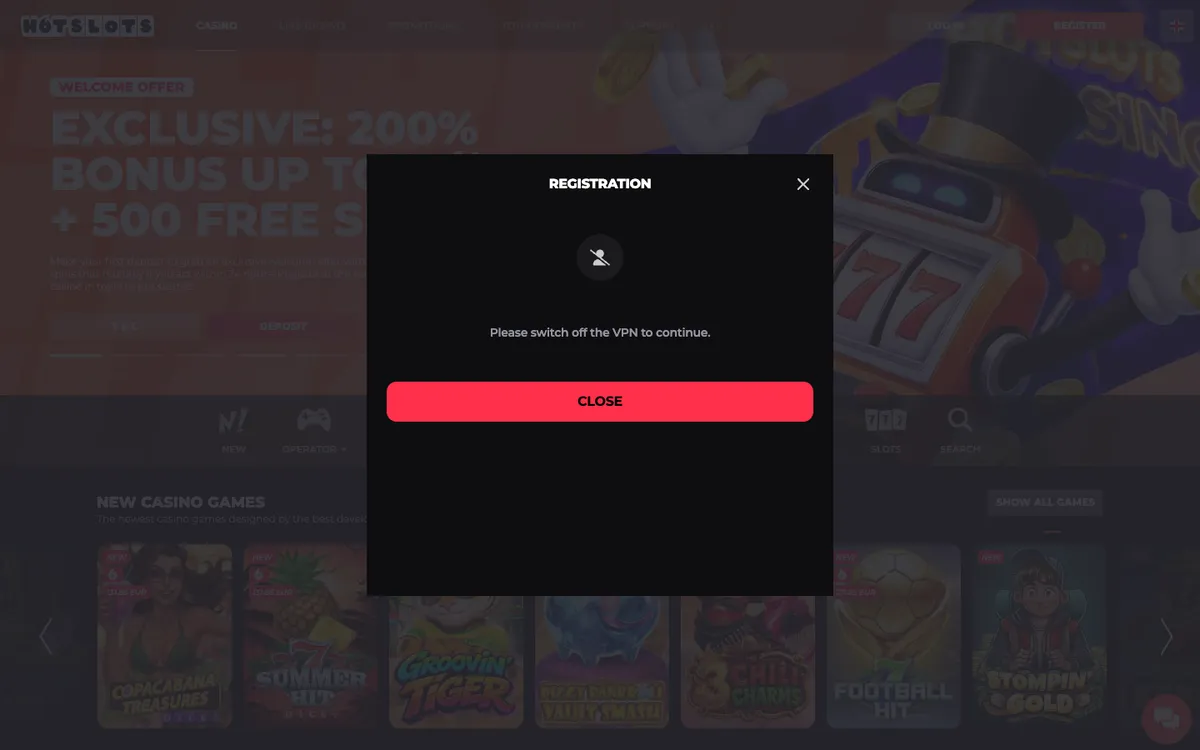 HotSlots Casino — Sign-up, captured from Finland