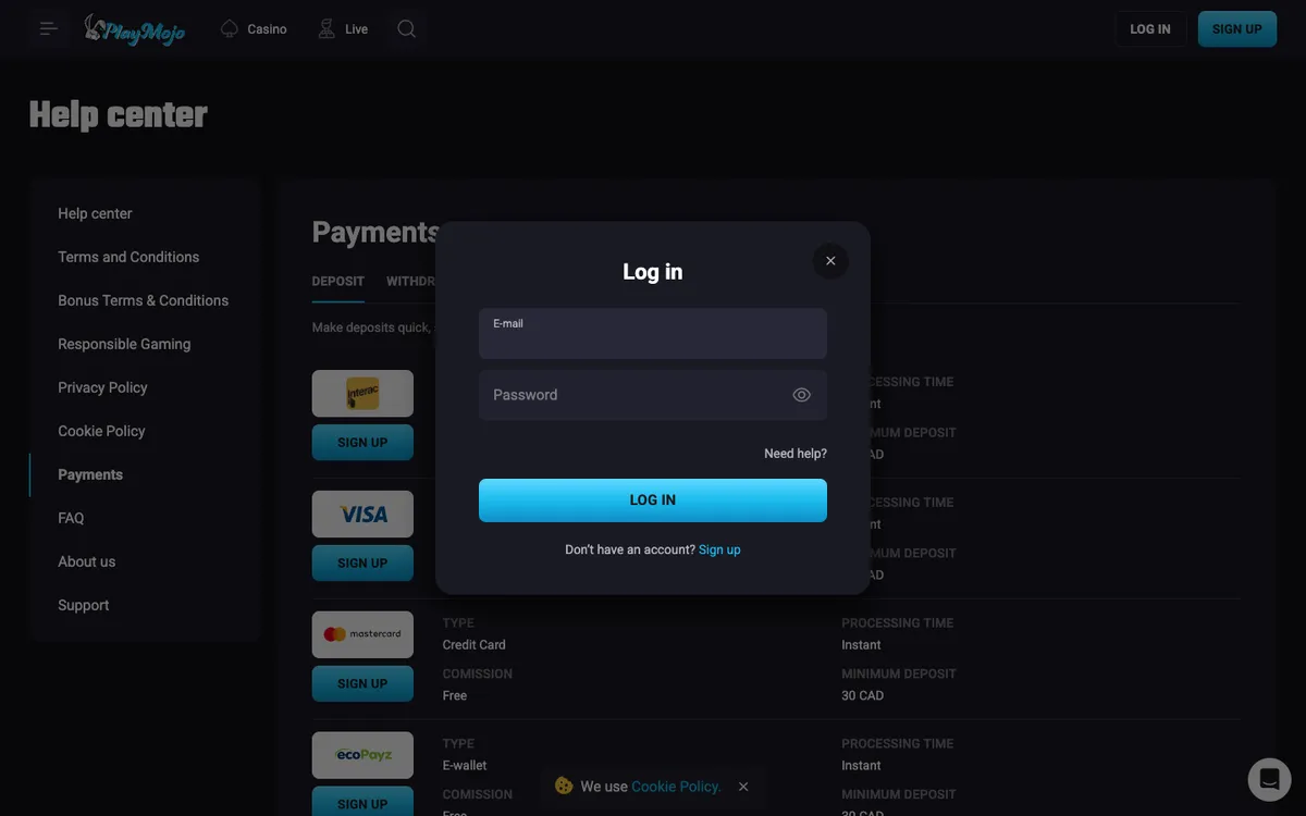 PlayMojo Casino — Sign-up, captured from Canada