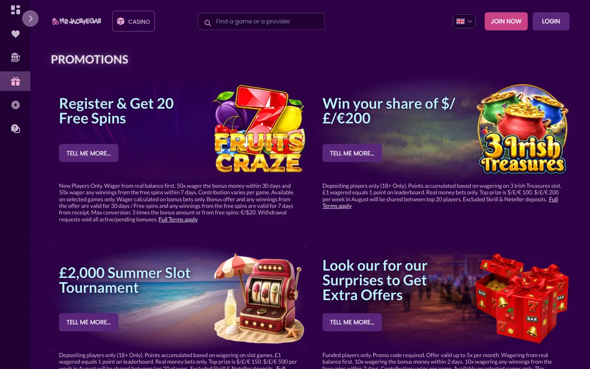 MrJackVegas Casino — Promotions, captured from Portugal
