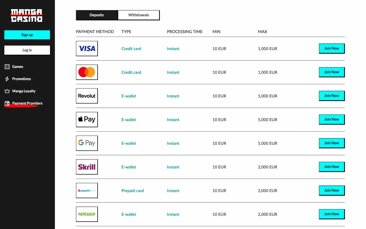 Manga Casino — Payments, captured from Austria