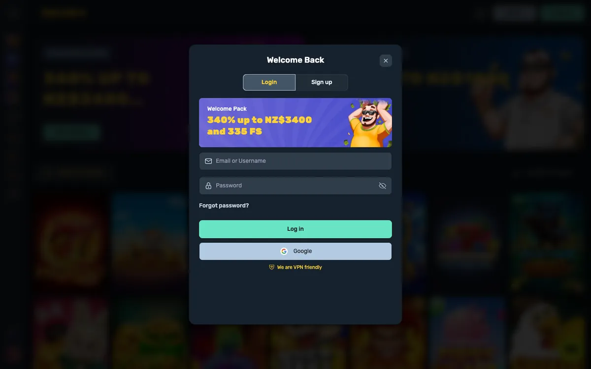SpinsBro Casino — «Регистрация», снято из страны Новая Зеландия