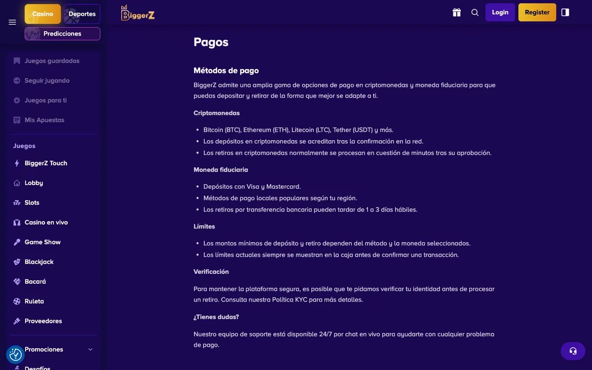BiggerZ Casino — Payments, captured from Argentina