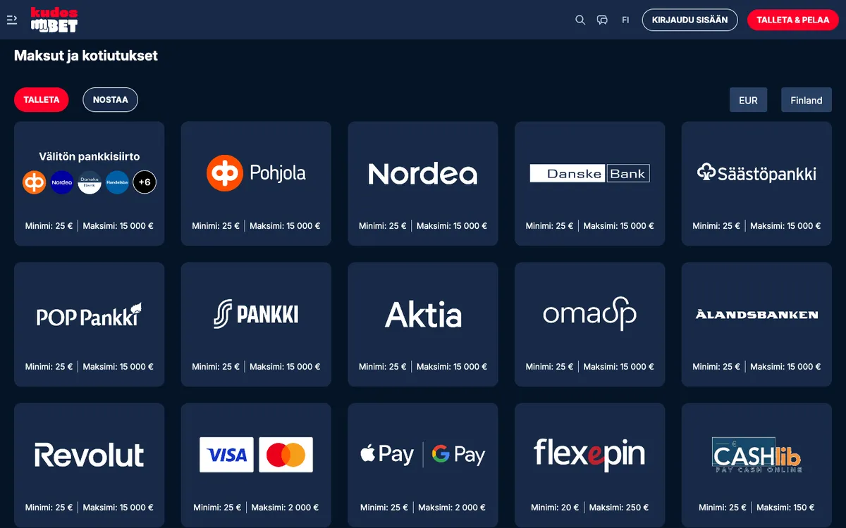 Kudosbet Casino — Payments, captured from Finland