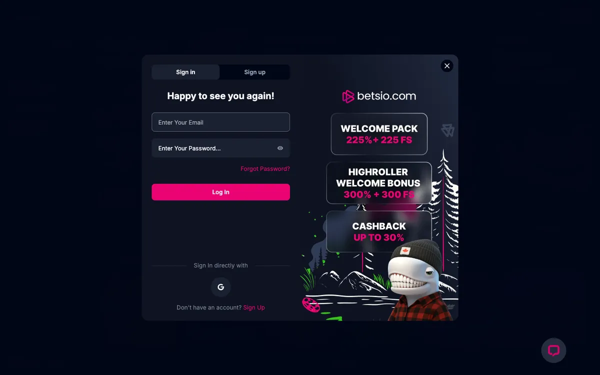 Betsio Casino — «Регистрация», снято из страны Канада
