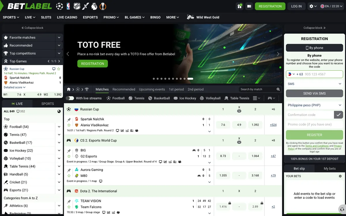 BetLabel Casino — Home page, captured from Singapore