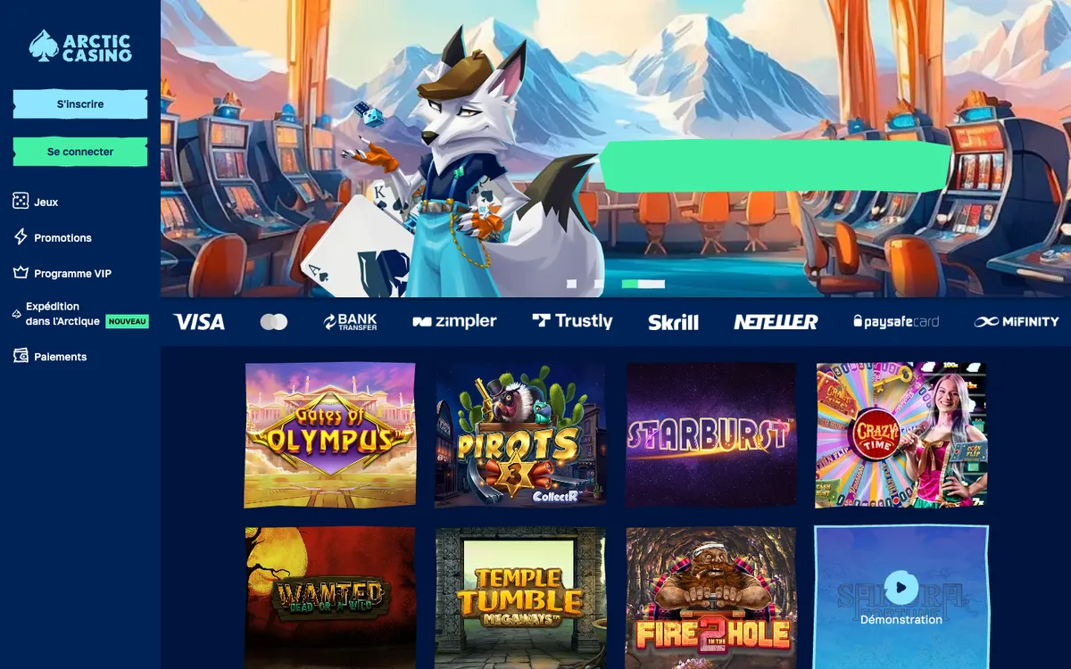 Arctic Casino — Home page, captured from France