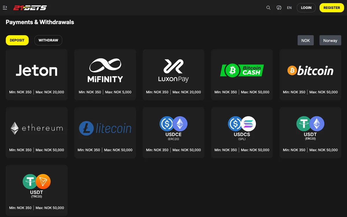 21Bets Casino — Payments, captured from Norway