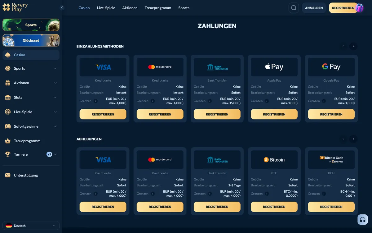 Revery Play Casino — Payments, captured from Austria