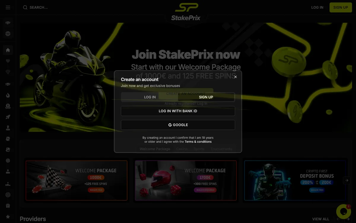 StakePrix Casino — «Регистрация», снято из страны Финляндия
