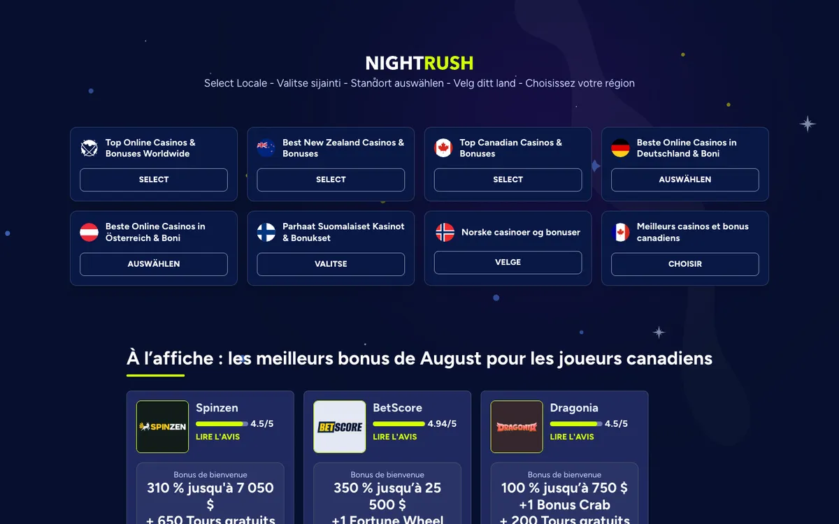 NightRush Casino — Home page, captured from France