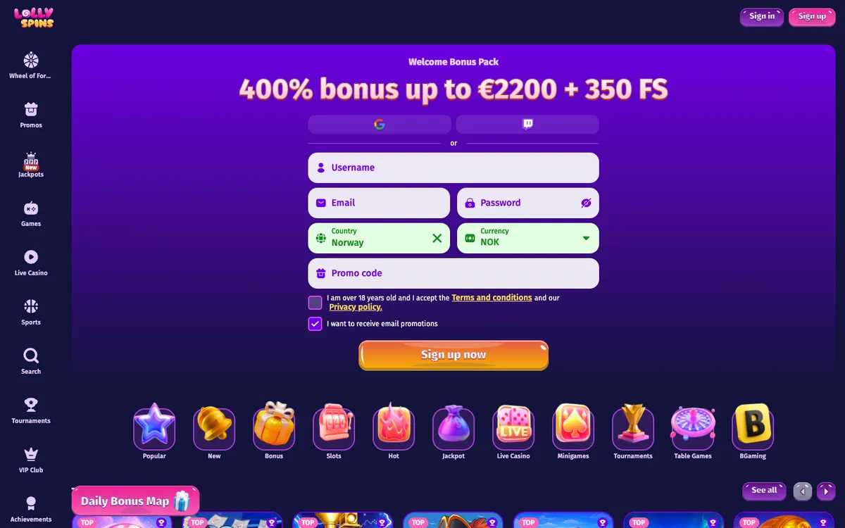 Lolly Spins Casino — Home page, captured from Norway