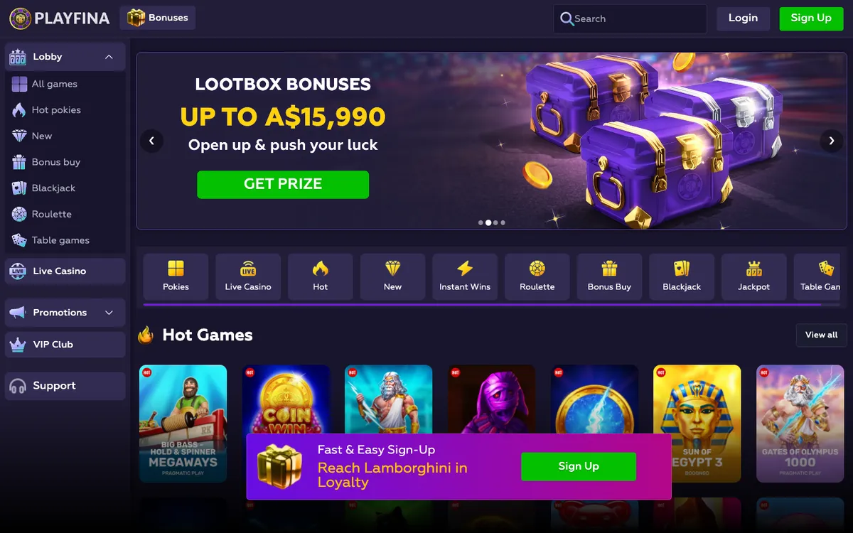 Playfina Casino — Home page, captured from Australia