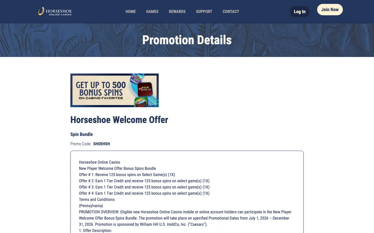Horseshoe Casino USA — Promotions, captured from United States