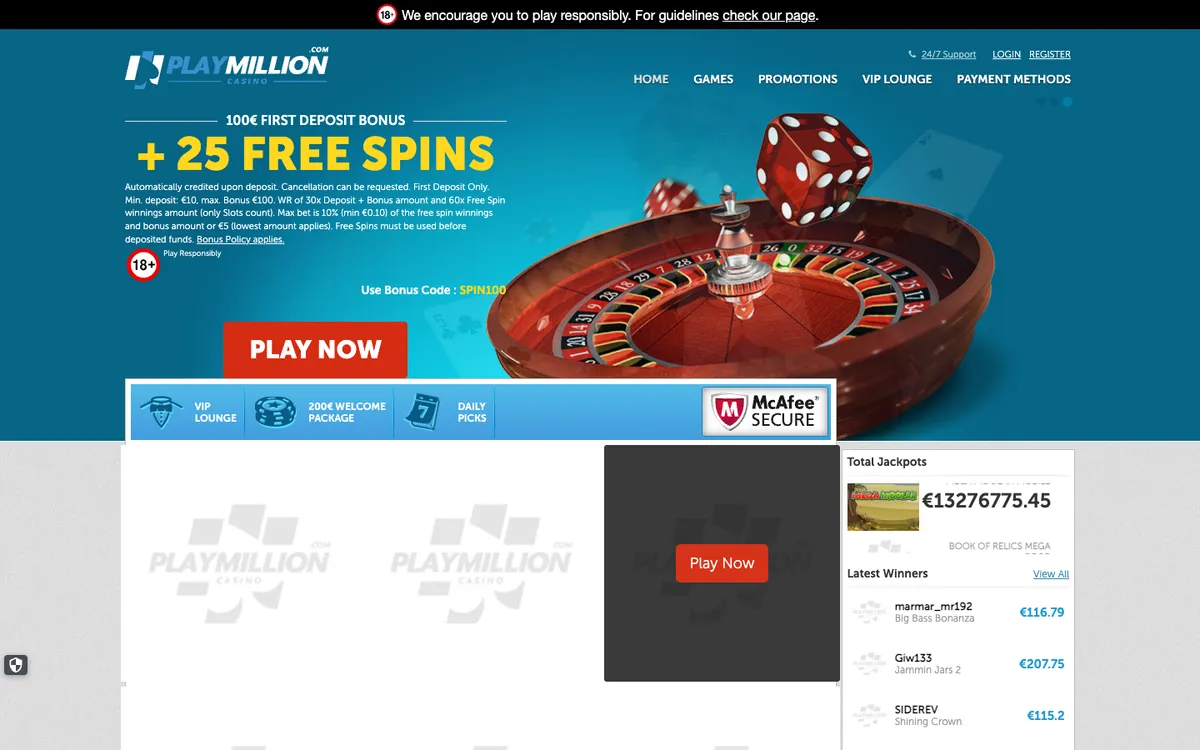 Play Million Casino — Home page, captured from Croatia