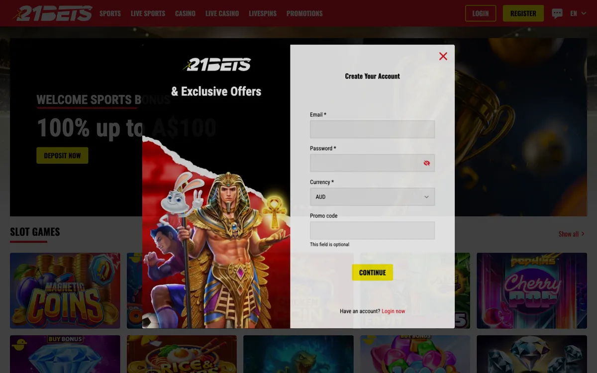 21bets.io Casino — Sign-up, captured from Australia