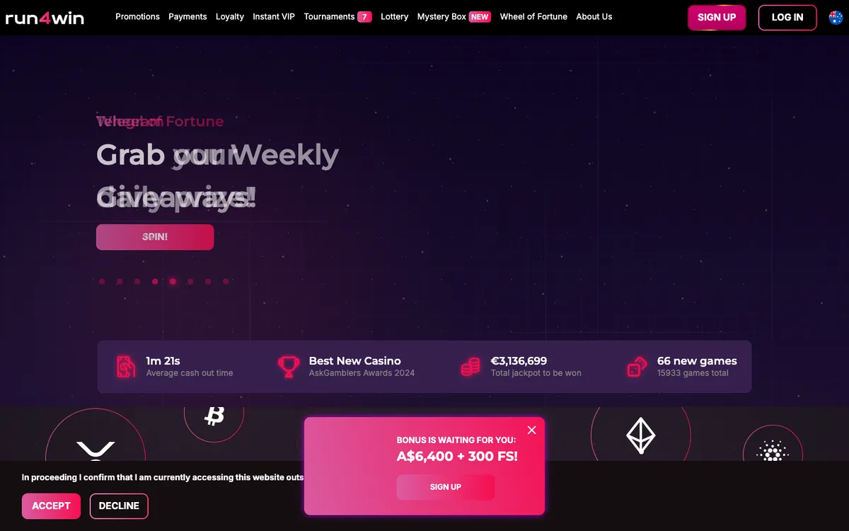 Run4Win Casino — «Главная», снято из страны Австралия