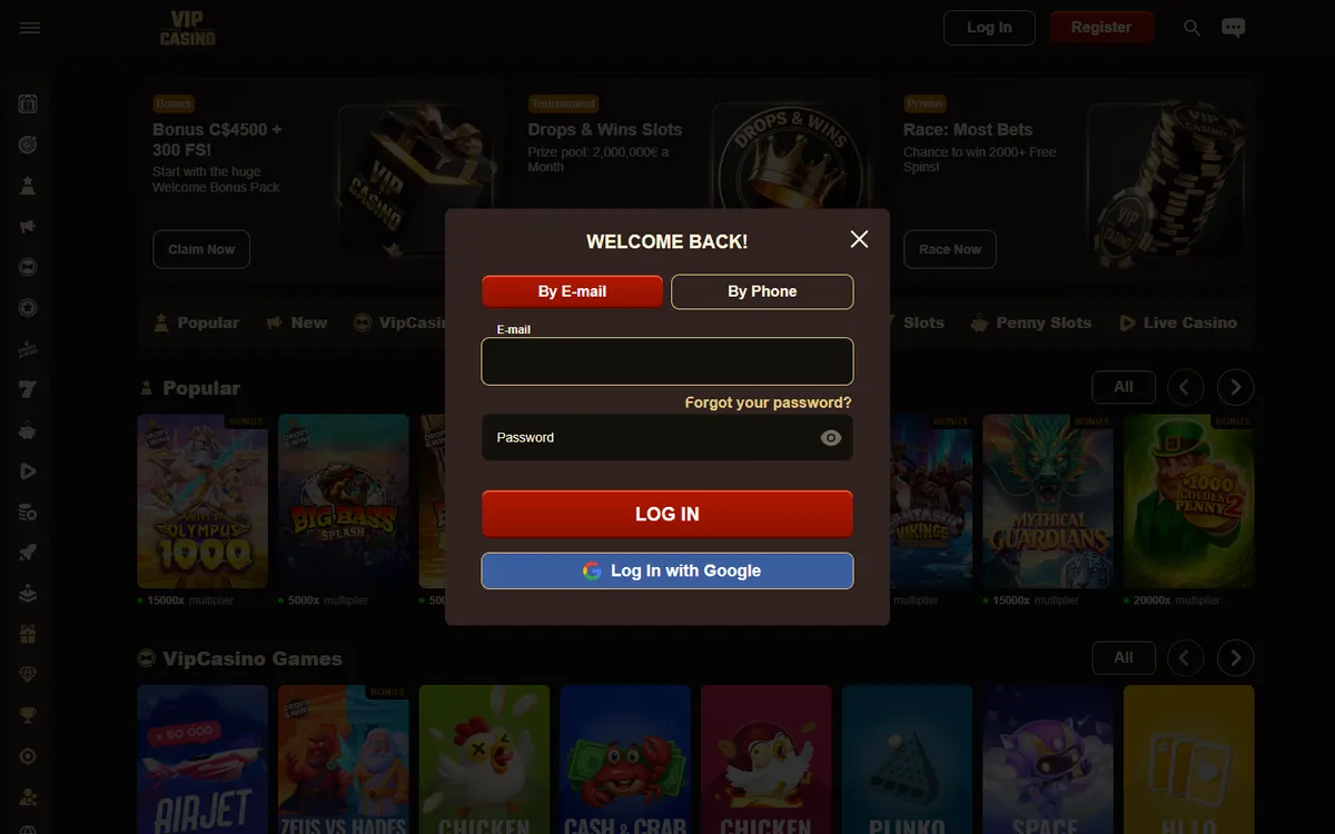 Vip Casino — «Регистрация», снято из страны Канада